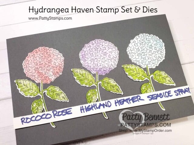 Hydrangea Haven stamp set and dies (bundle #156251) with Rococo Rosem Highland Heather and Seaside Spray ink, from Patty Bennett featuring Stampin' Up! 2021 mini catalog products. www.PattyStamps.com
