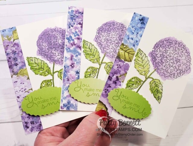 Hydrangea Haven stamp set note card ideas featuring Hydrangea Hill designer paper and Oh So Ombre Sale-a-Bration paper. www.PattyStamps.com