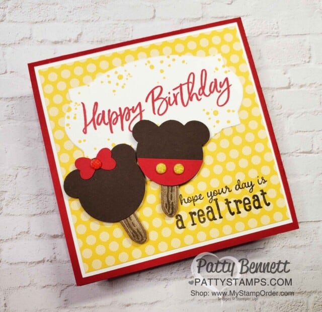 Stampin Up Ice Cream Cone builder punch creates cute Mickey & Minnie birthday card ice cream treats. www.PattyStamps.,com