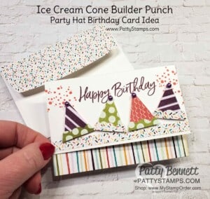 Ice Cream Cone Builder punch makes party hats for fun birthday cards! Note card idea with Stampin' Up! card making supplies and Ice Cream Corner designer paper by Patty Bennett www.PattyStamps.com