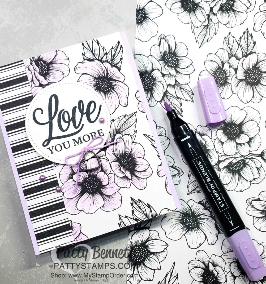 True Love Designer paper card - quick and simple. Color flowers with Purple Posy Stampin' Blends marker. www.PattyStamps.com