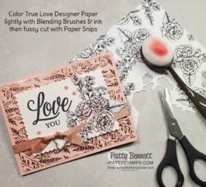 Use Stampin' Up! Blending Brushes to add subtle color to the True Love black and white designer paper. Love You Card features Specialty Foil paper. www.PattyStamps.com