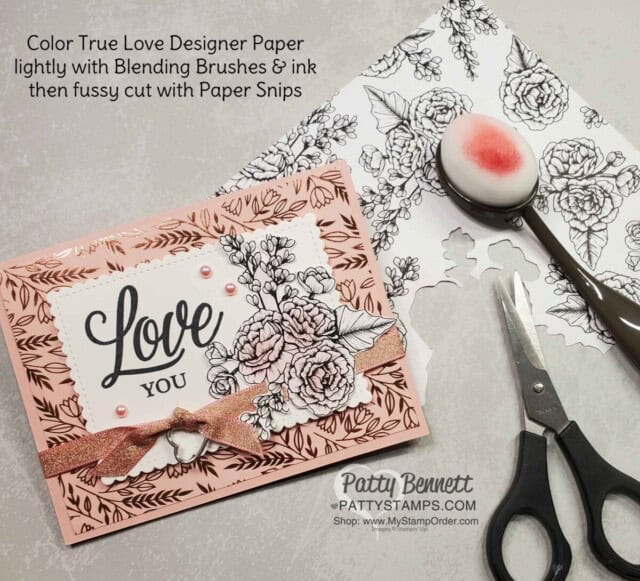 Use Stampin' Up! Blending Brushes to add subtle color to the True Love black and white designer paper. Love You Card features Specialty Foil paper. www.PattyStamps.com