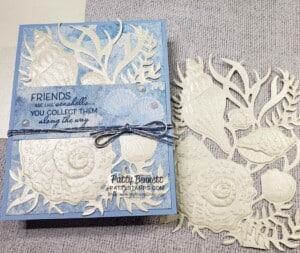 Sand & Sea Pearlescent paper seashells card featuring Stampin' Up! designer paper, embossing folder and Friends are Like Seashells bundle. By Patty Bennett www.PattyStamps.com