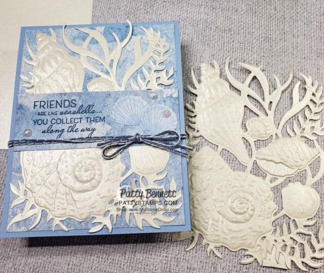Sand & Sea Pearlescent paper seashells card featuring Stampin' Up! designer paper, embossing folder and Friends are Like Seashells bundle. By Patty Bennett www.PattyStamps.com