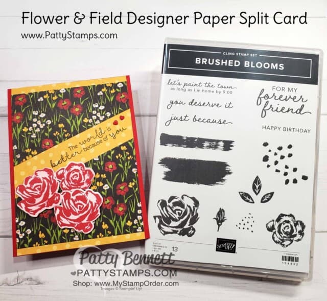 Split Card Idea using the Stampin' Up! paper trimmer and Flower & Field designer paper. Brushed Blooms stamp set. Card idea by Patty Bennett www.PattyStamps.com