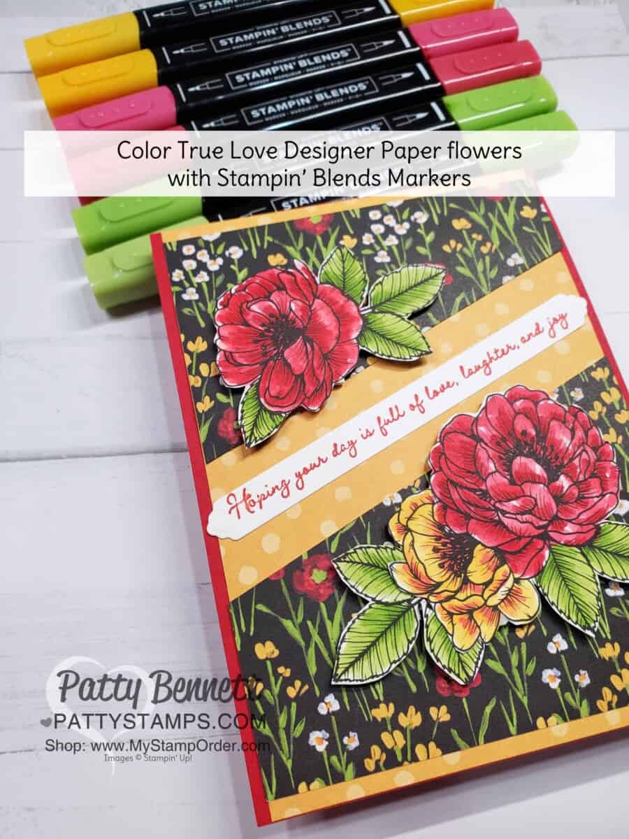 Split Card Idea using the Stampin' Up! paper trimmer and Flower & Field designer paper. Color the True Love designer paper with Stampin' Blends Markers. Card idea by Patty Bennett www.PattyStamps.com
