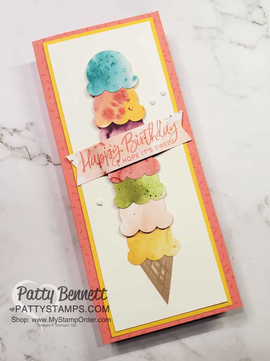 Slimline Birthday Card featuring Stampin' Up! Sweet Ice Cream bundle and Ice Cream Corner designer paper, by Patty Bennett www.pattystamps.com