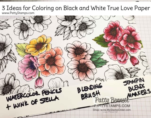 3 ways to color on the Stampin' Up! True Love designer paper #154281 www.PattyStamps.com Blending Brushes, Stampin blends markers and watercolor pencils.