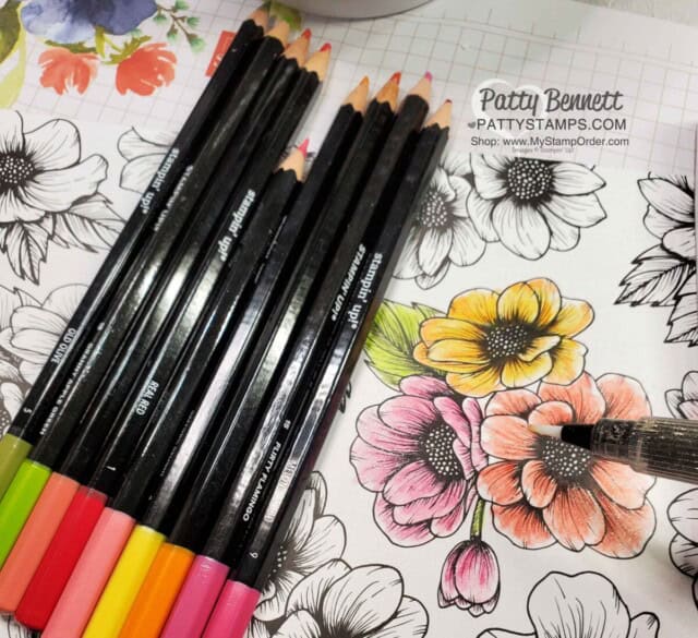 Coloring on the Stampin' Up! True Love designer paper #154281 with Watercolor pencils and Wink of Stella glimmer pen. www.PattyStamps.com