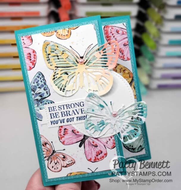 Butterfly Brilliance stamp set and die bundle from Stampin' UP! Die cut Butterfly Bijou designer paper - card idea by Patty Bennett