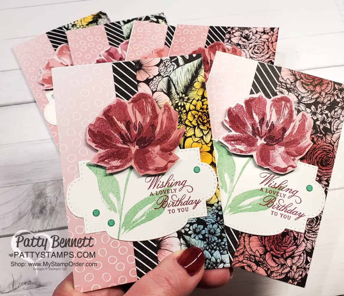 Art Gallery floral bundle note cards featuring Oh So Ombre and True Love designer paper colored with Blending Brushes. by Patty Bennett