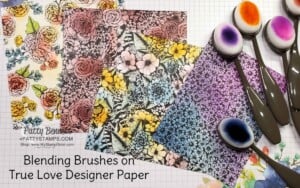 Quick Background coloring with Stampin' Up! blending brushes on True Love black and white designer paper by Patty Bennett