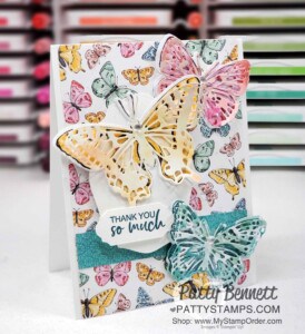 Butterfly Brilliance bundle card idea featuring Butterfly Bijou limited time offer designer paper from Stampin' Up! by Patty Bennett