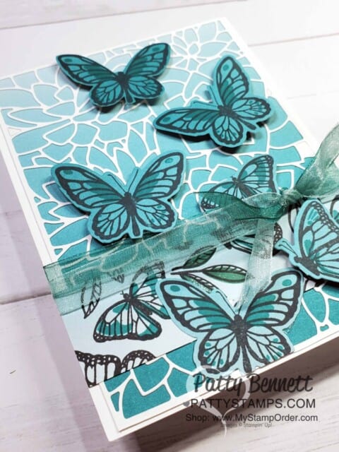 Floating and Fluttering butterfly stamp set - Stampin Up card idea featuring Oh So Ombre paper and Potted Succulents die background. www.PattyStamps.com