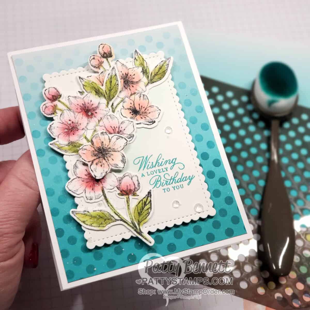 Forever Blossoms / Cherry Blossoms note cards with ombre background. Use Blending Brushes and Basic Patterns Masks for a quick background. www.PattyStamps.com