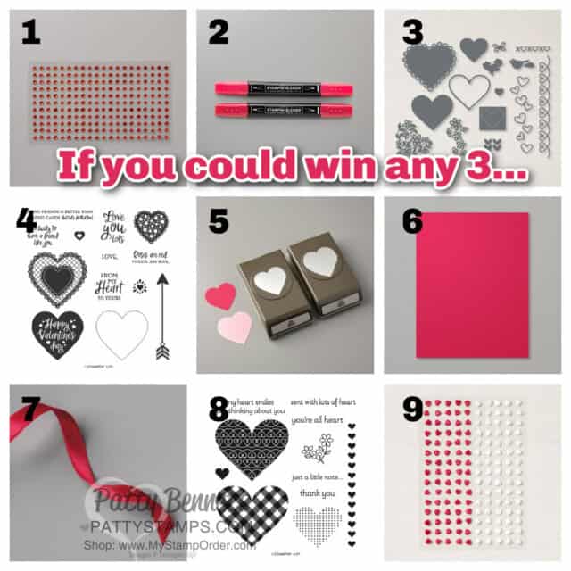 Blog Candy Giveaway for Valentine's day! Red hearts, accessories, stamp sets, dies and punches from Patty Bennett www.pattyStamps.com. Ends 2-6-21