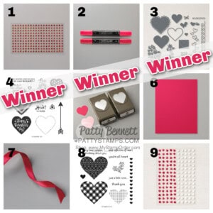 Blog Candy Giveaway WINNER for Valentine's day! Red hearts, accessories, stamp sets, dies and punches from Patty Bennett www.pattyStamps.com. Ends 2-6-21
