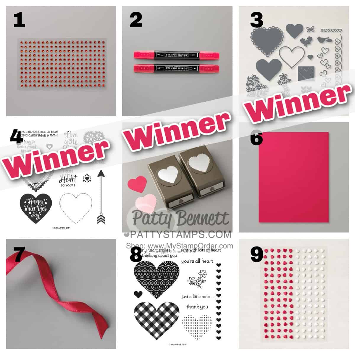 Blog Candy Giveaway WINNER for Valentine's day! Red hearts, accessories, stamp sets, dies and punches from Patty Bennett www.pattyStamps.com. Ends 2-6-21