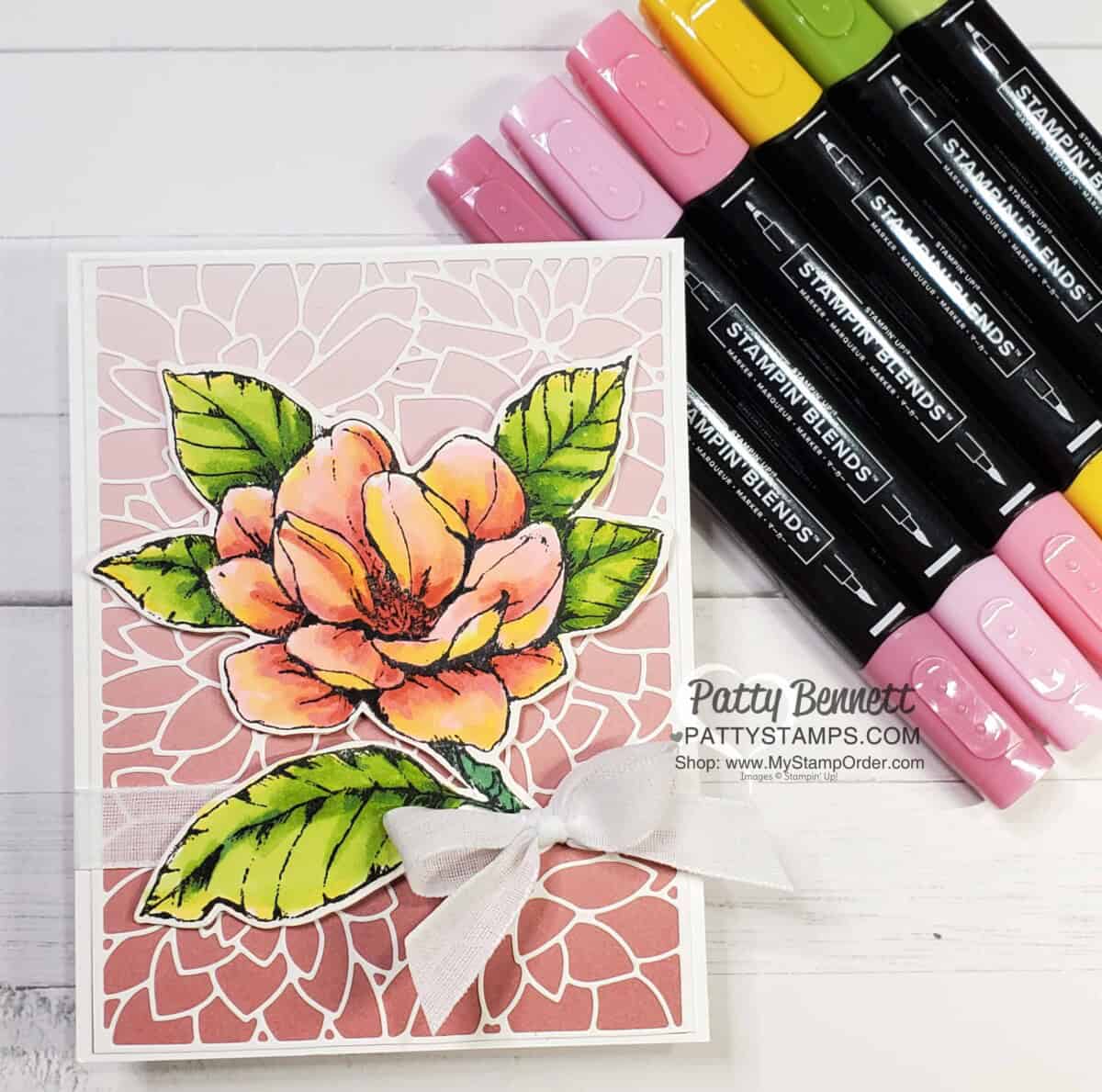 Good Morning Magnolia stamp colored with Stampin' Blends markers. Card background created with Potted Succulents die and Oh So Ombre paper. By Patty Bennett