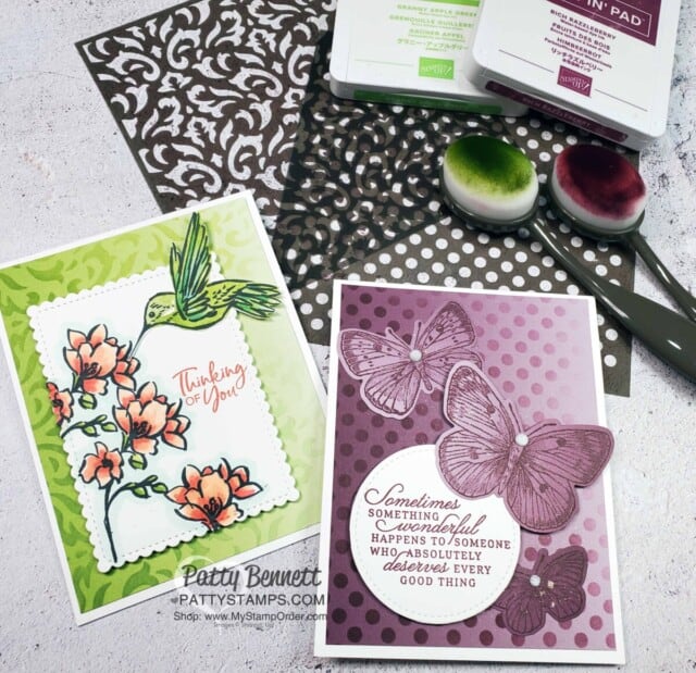 Use Stampin Up! masks, Blending Brushes and ink pads to create a beautiful stenciled background on Oh So Ombre designer paper. Cards by Patty Bennett