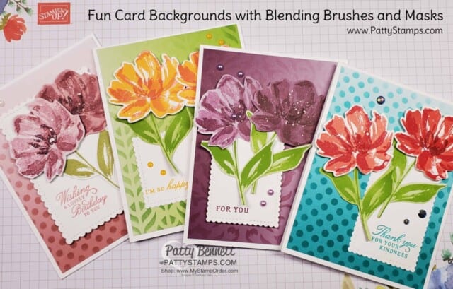 Use Stampin Up! masks, Blending Brushes and ink pads to create a beautiful stenciled background on Oh So Ombre designer paper. Cards features the Art Gallery stamp set. by Patty Bennett