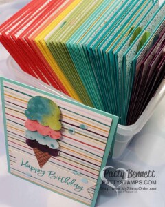 A rainbow of Birthday Cards featuring Ice Cream Corner Suite from Stampin' Up!. Ice Cream Cone builder punch and Ice Cream Corner designer paper. www.PattyStamps.com