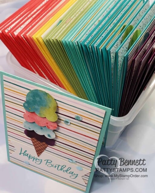 A rainbow of Birthday Cards featuring Ice Cream Corner Suite from Stampin' Up!. Ice Cream Cone builder punch and Ice Cream Corner designer paper. www.PattyStamps.com