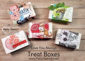 5 Treat Box ideas featuring Stampin' Up! papercrafting supplies, for birthday, Valentine's and St. Patrick's day, by Patty Bennett www.PattyStamps.com