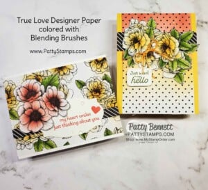 How to use Blending Brushes with Stampin' UP! True Love designer paper to create softly colored flower cards, by Patty Bennett www.PattyStamps.com