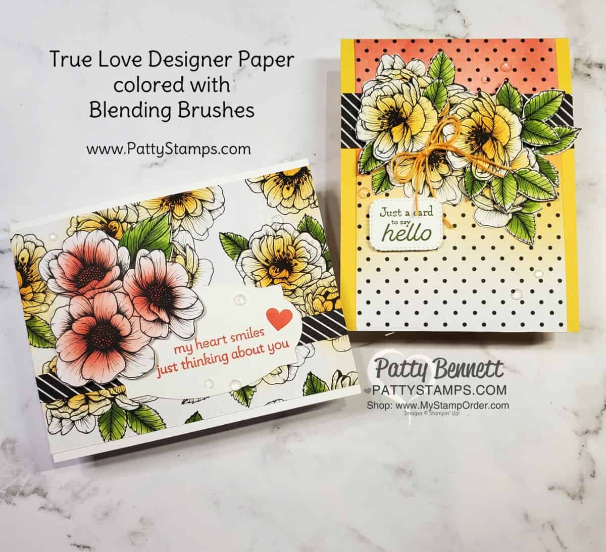 How to use Blending Brushes with Stampin' UP! True Love designer paper to create softly colored flower cards, by Patty Bennett www.PattyStamps.com