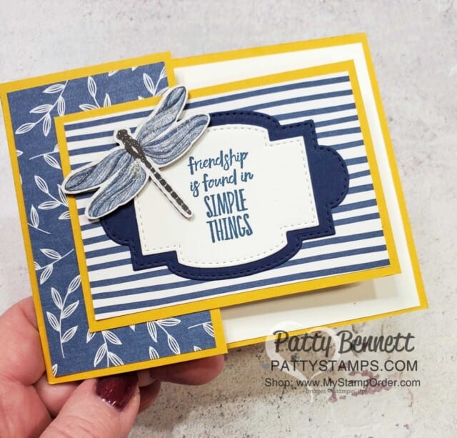 Dandy Garden Fun Fold card featuring Stampin' Up! Dragonflies punch and Dandy Garden 6x6 paper stack by Patty Bennett www.PattyStamps.com