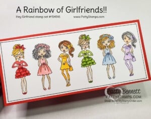 Fun Slimline card idea featuring Stampin' Up! Hey Girlfriends set, colored with a rainbow of Stampin' Blends marker colors by Patty Bennett
