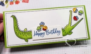 Oh Snap alligator birthday card featuring Hey Birthday Chick cupcakes. Stampin' Blends coloring by Patty Bennett