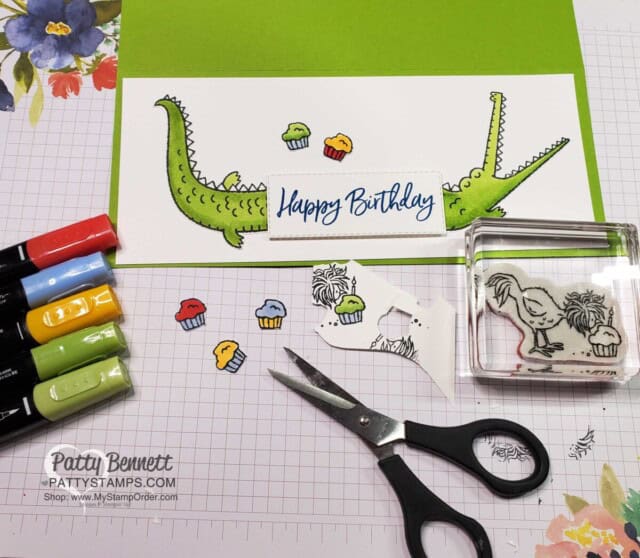 Stamp cupcakes from the Hey Birthday Chick set, color with Stampin' Blends markers, and add to the card front! www.PattyStamps.com