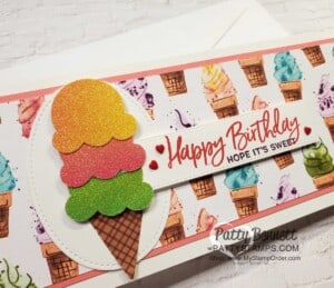 Birthday Card Idea: Rainbow Paper Ice Cream Cone birthday card - slimline card with Stampin UP! Ice Cream Corner designer paper. by Patty Bennett