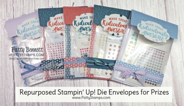 Repurposing Stampin' Up! die envelopes using Retiring Stampin' Up! In Color designer paper and Ridiculously Awesome stamp set for gift packaging. by Patty Bennett