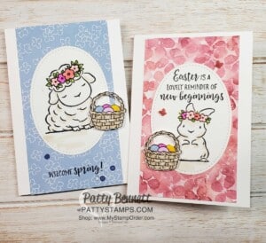 Great Springtime Joy note cards featuring Stampin' Up! Hydrangea Hill designer paper, and Stampin' Blends to color lamb and bunny. cards by Patty Bennett