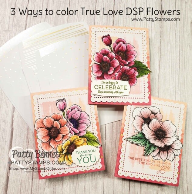3 Ways to Color on True Love designer paper and make a set of note cards with the Sweet Little Valentine cards & envelope set. By Patty Bennett www.pattyStamps.com