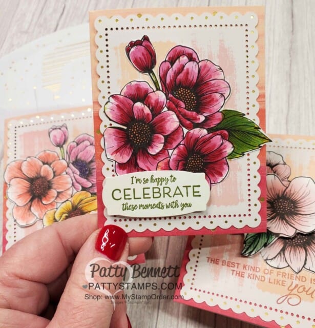 Color the black and white flowers on the True Love designer paper from Stampin' Up! with Stampin' Blends markers. By Patty Bennett www.pattystamps.com