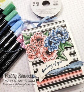 Coloring on True Love designer paper with Stampin' Blends markers, to create a Thinking of You card. Stampin' UP! card making supplies. Cards by Patty Bennett