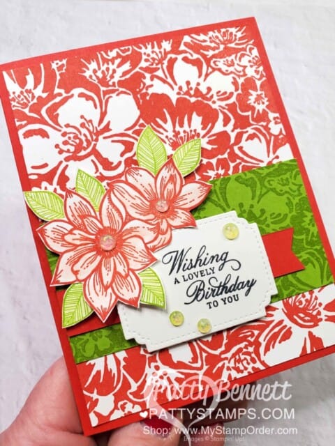 Wild Roses stamped background card idea featuring the Delicate Petals stamp set in Poppy Parade ink. Stampin Up Card Making supplies www.PattyStamps.com