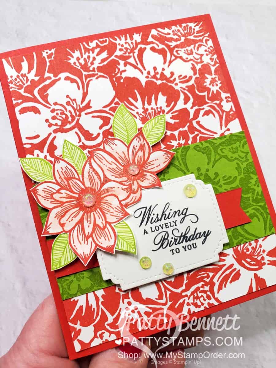 Wild Roses stamped background card idea featuring the Delicate Petals stamp set in Poppy Parade ink. Stampin Up Card Making supplies www.PattyStamps.com