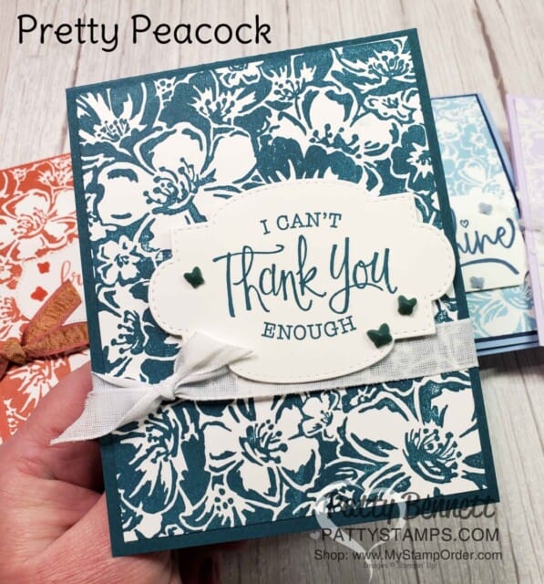 Retiring Stampin' Up! 2019-2021 In Colors. Card Idea featuring the Wild Roses background stamp with Pretty Peacock ink and cardstock, by Patty Bennett www.PattyStamps.com