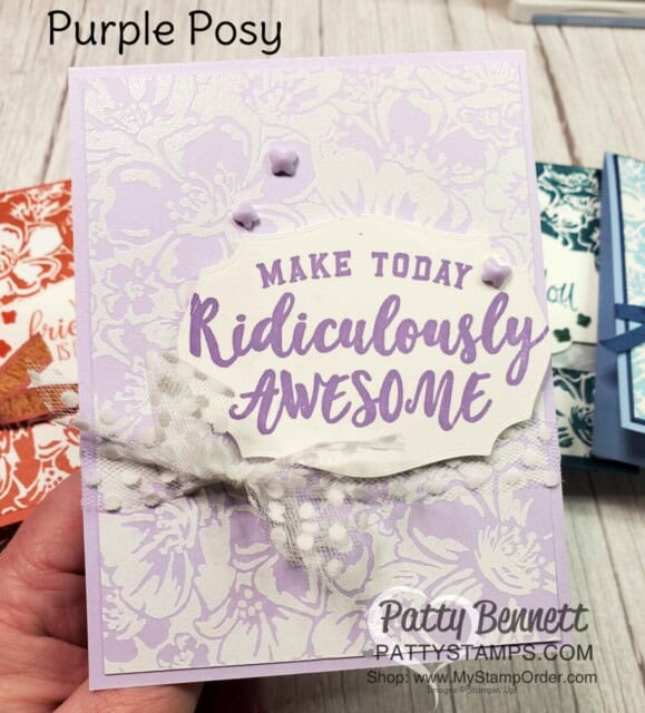 Retiring Stampin' Up! 2019-2021 In Colors. Wild Roses background stamp card by Patty Bennett. Emboss Wild Rose stamp in White embossing powder on Purple Posy Cardstock. www.PattyStamps.com