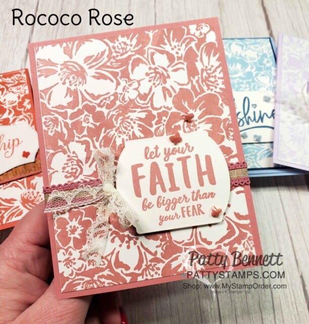 Retiring Stampin' Up! 2019-2021 In Colors. Card Idea featuring the Wild Roses background stamp with Rococo Rose ink and cardstock, by Patty Bennett www.PattyStamps.com