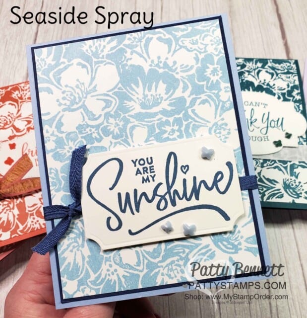 Retiring Stampin' Up! 2019-2021 In Colors. Wild Roses background stamp card by Patty Bennett. Seaside Spray Cardstock and ink. www.PattyStamps.com