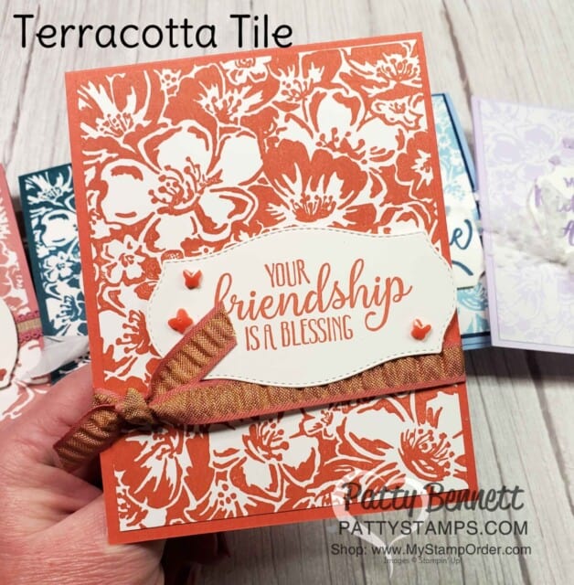 Retiring Stampin' Up! 2019-2021 In Colors. Card Idea featuring the Wild Roses background stamp with Terracotta Tile ink and cardstock, by Patty Bennett www.PattyStamps.com