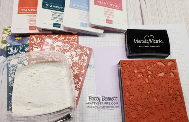 Retiring Stampin' Up! 2019-2021 In Colors. Wild Roses background stamp card by Patty Bennett. Emboss Wild Rose stamp in White embossing powder on Purple Posy Cardstock. www.PattyStamps.com