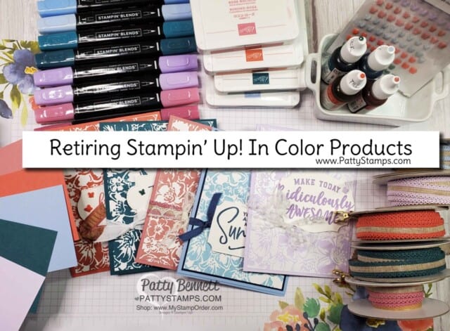 Retiring Stampin' Up! 2019-2021 In Colors. Wild Roses background stamp card by Patty Bennett. Retiring cardstock, ribbon, butterfly embellishments, Stampin' Blends, reinkers and markers.